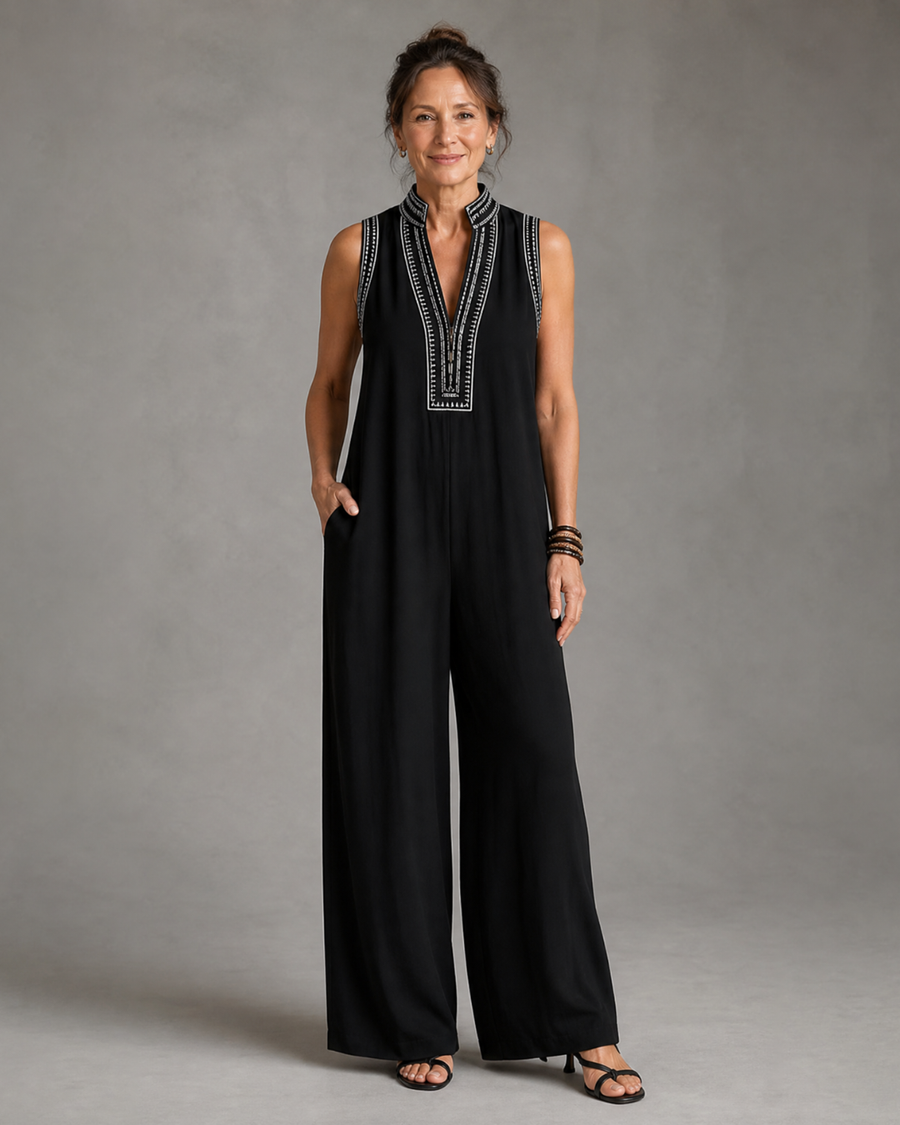 Velmira | Embroidered V Neck Sleeveless Wide Leg Jumpsuit