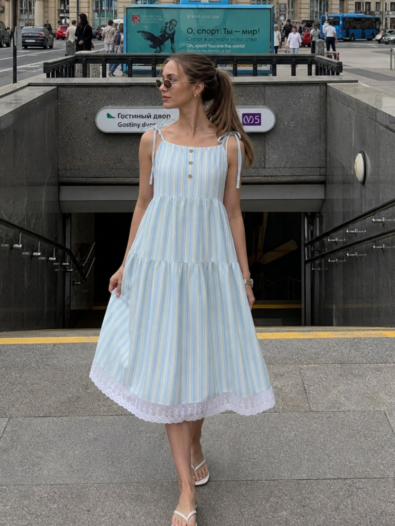 Nathalia | Sleeveless Tie Strap Stripe Pattern Midi Dress