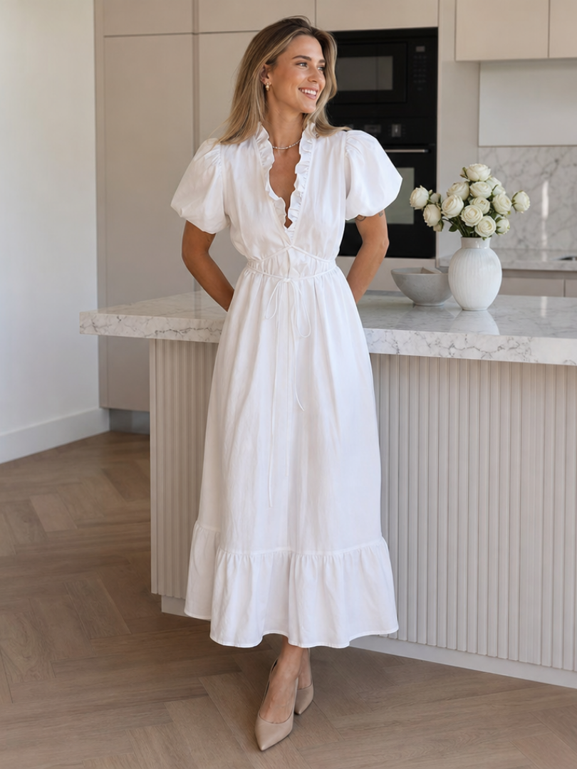 Okea | Short Puff Sleeve Waist Tie Midi Dress