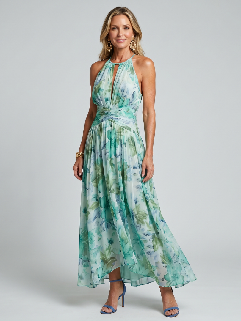 Portia | Pleated Halter Floral Midi Dress