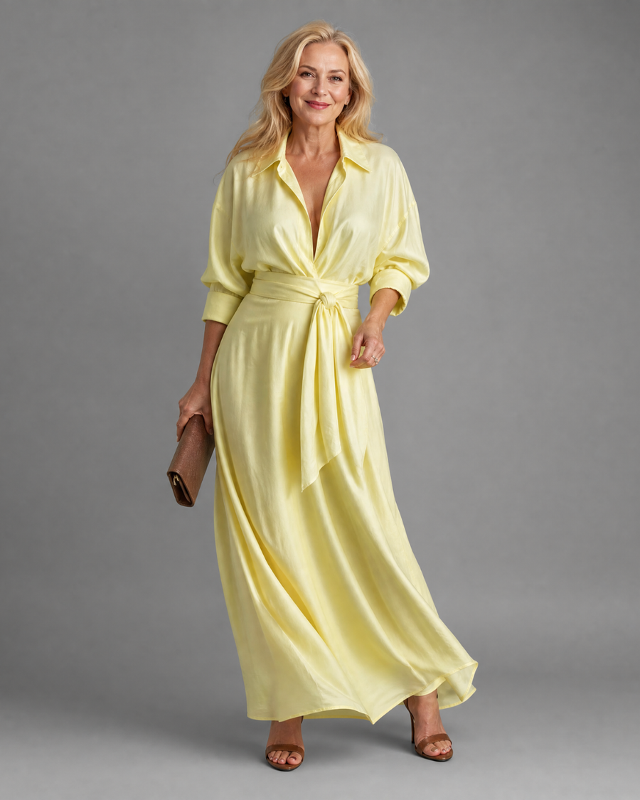 Zelith | Belted Collared Flowing Long Sleeve Midi Dress