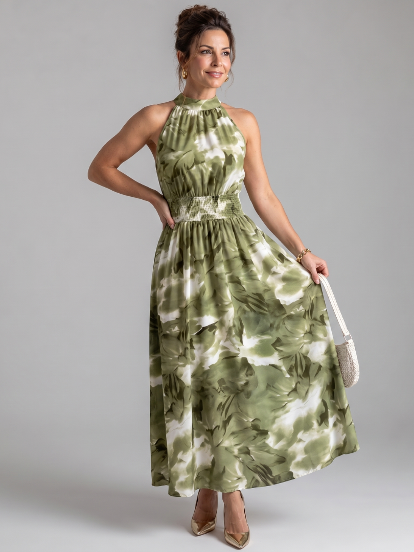 Olivia | Gathered Waist Printed Midi Dress