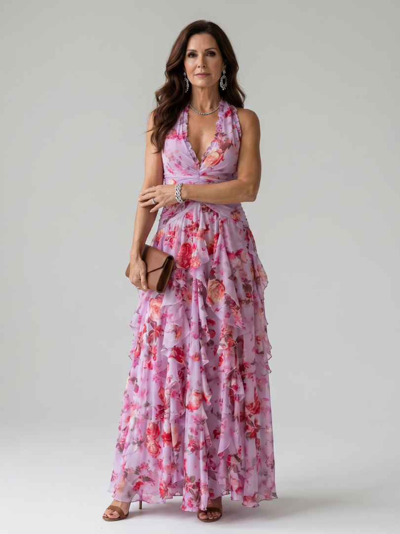 Nori | Halter Ruffle Floral Maxi Dress
