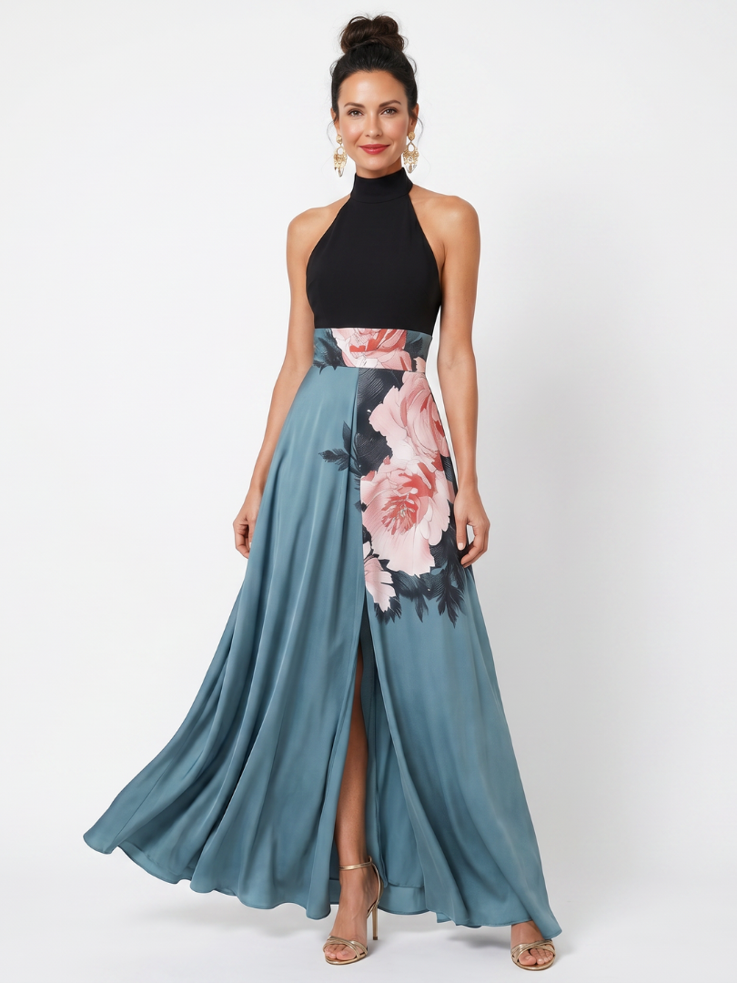 Olympas | Halter Bodice Floral Maxi Dress