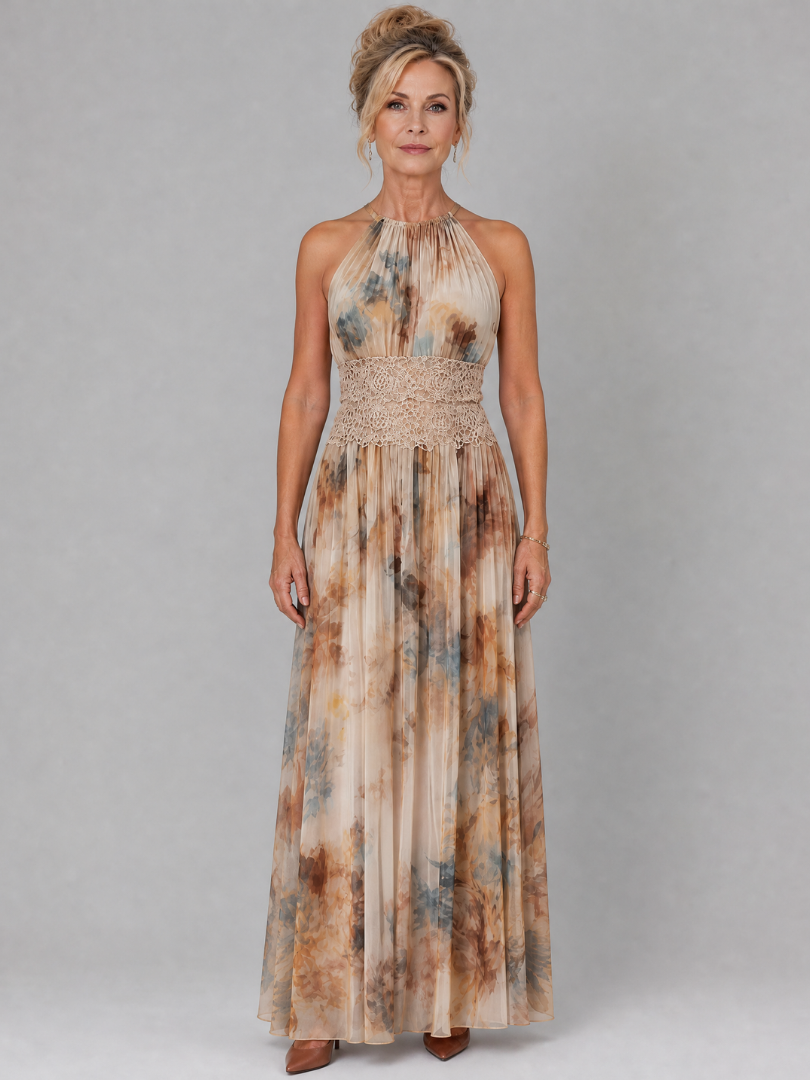 Elavenue | Halter Lace Waist Maxi Dress