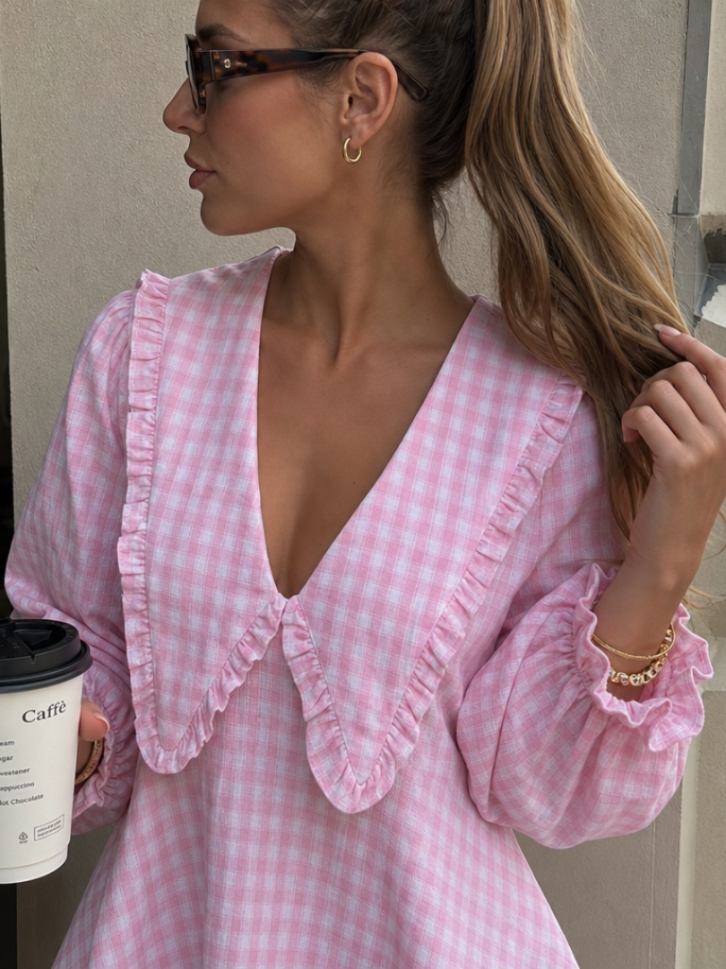 Peker | Ruffle Collar And Gingham Pattern Mini Dress