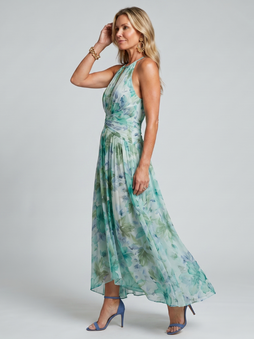 Portia | Pleated Halter Floral Midi Dress