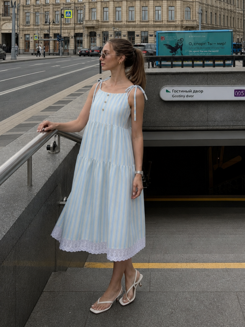 Nathalia | Sleeveless Tie Strap Stripe Pattern Midi Dress