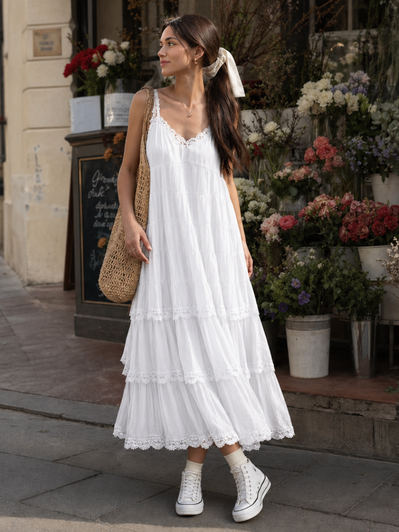 Lorelei | Spaghetti Strap Tiered Lace Layers Midi Dress