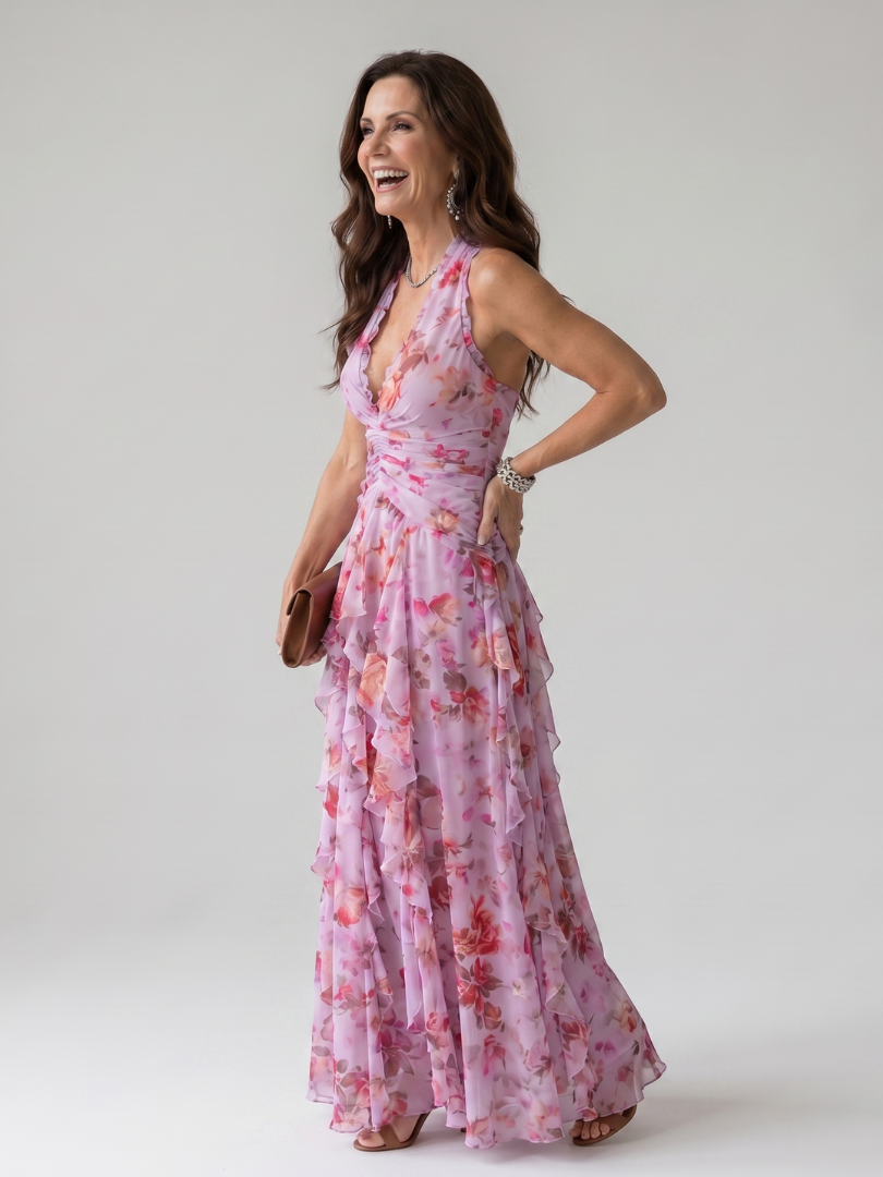 Nori | Halter Ruffle Floral Maxi Dress