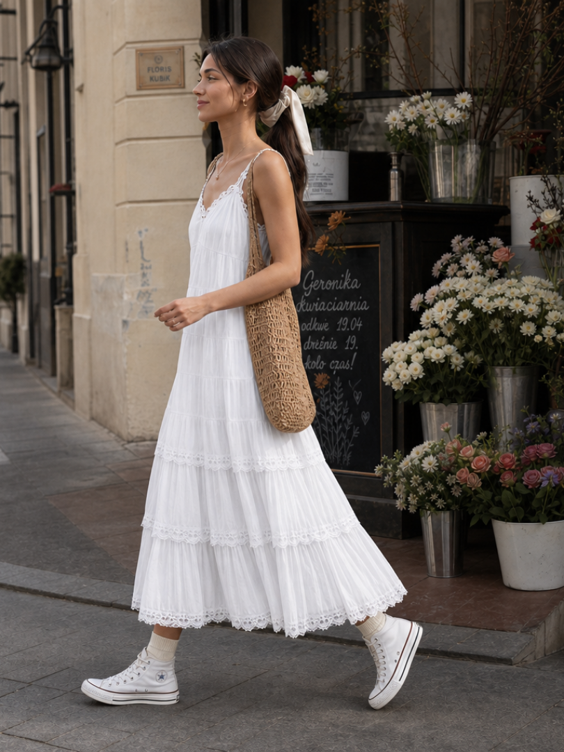 Lorelei | Spaghetti Strap Tiered Lace Layers Midi Dress