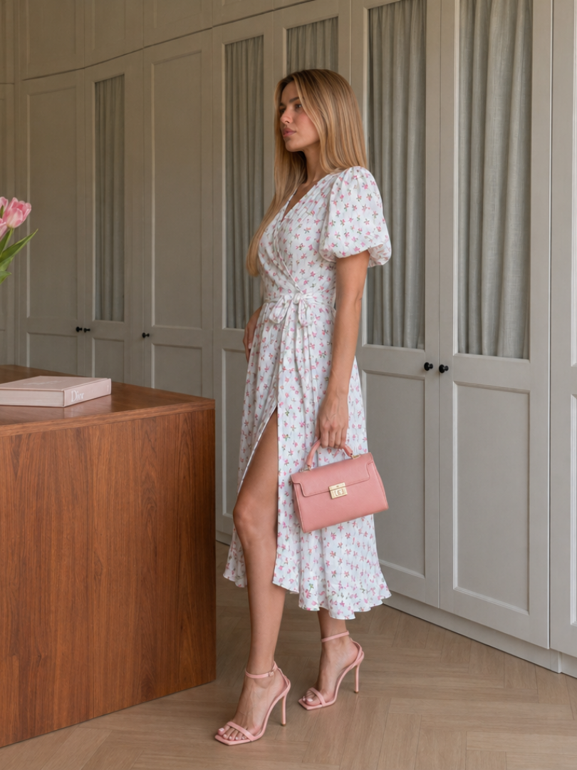 Otelene | Short Sleeve Wrap Floral Print Midi Dress