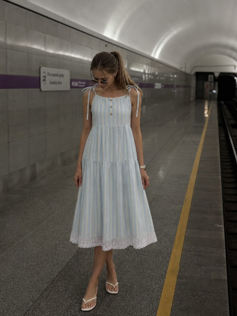 Nathalia | Sleeveless Tie Strap Stripe Pattern Midi Dress