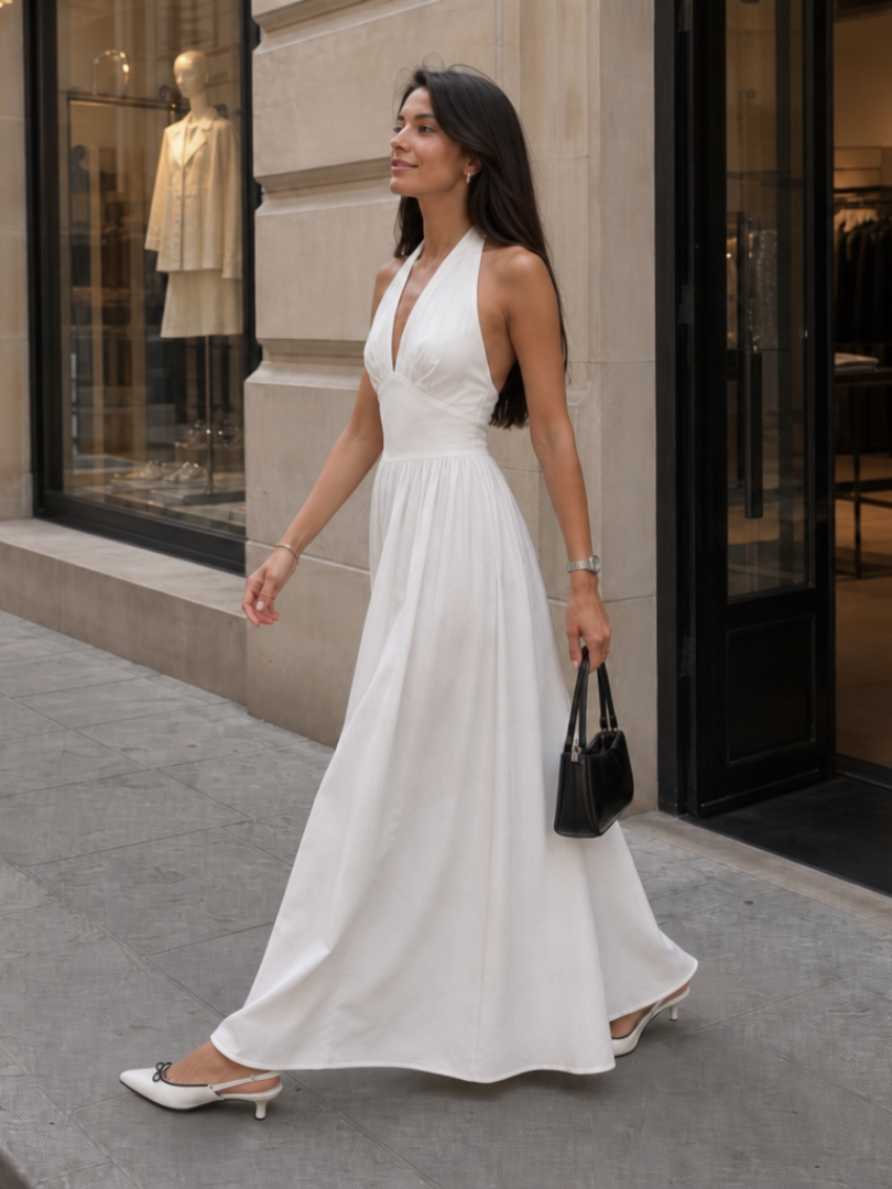 Jeven | Sleeveless Halter Neck Fitted Bodice Midi Dress