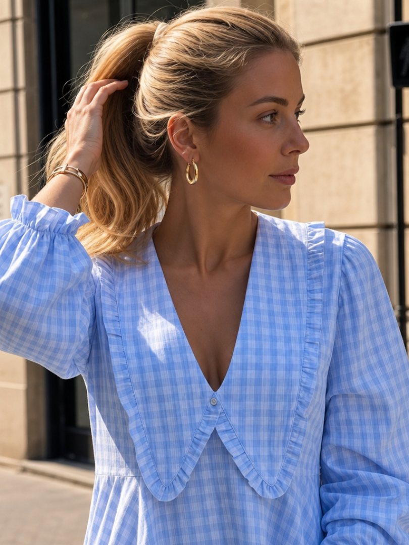 Peker | Ruffle Collar And Gingham Pattern Mini Dress