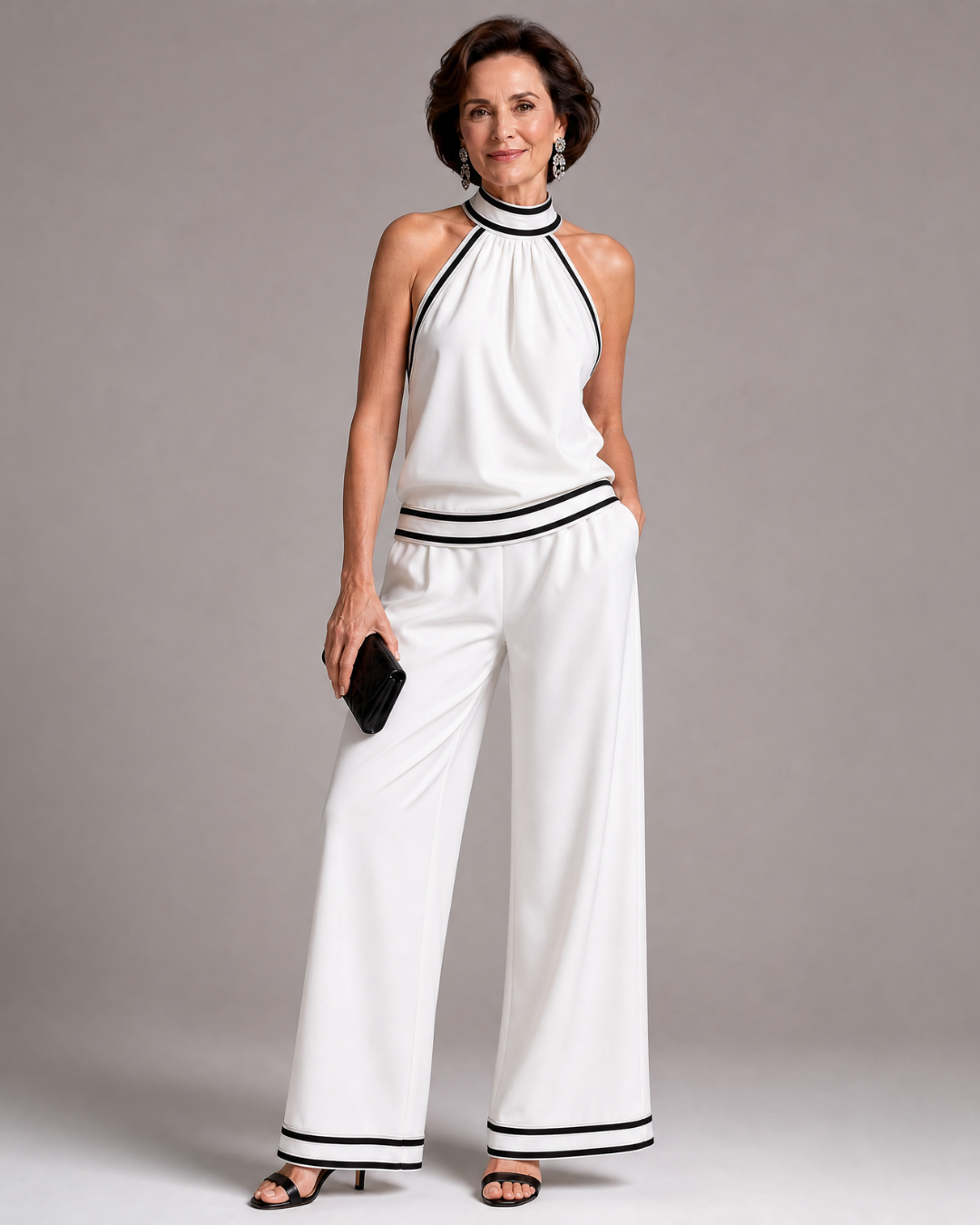 Zephyrine | Contrast Trim Halter Neck Wide Leg Jumpsuit