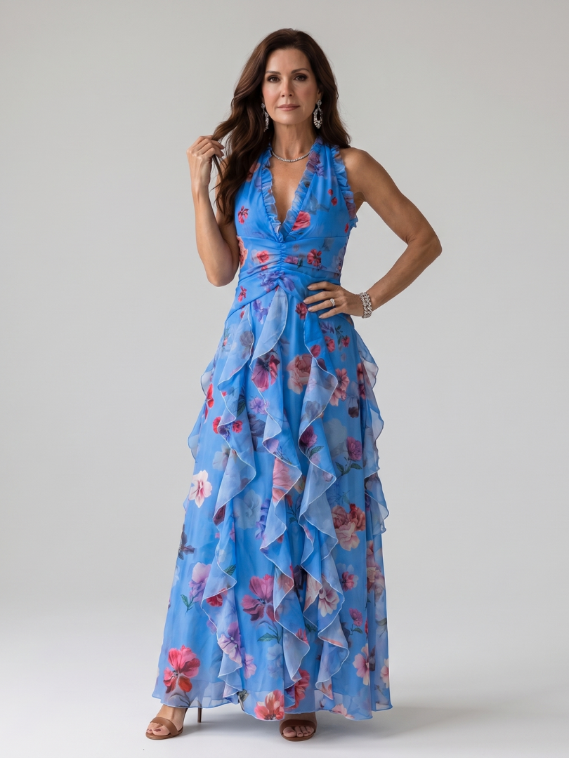 Nori | Halter Ruffle Floral Maxi Dress