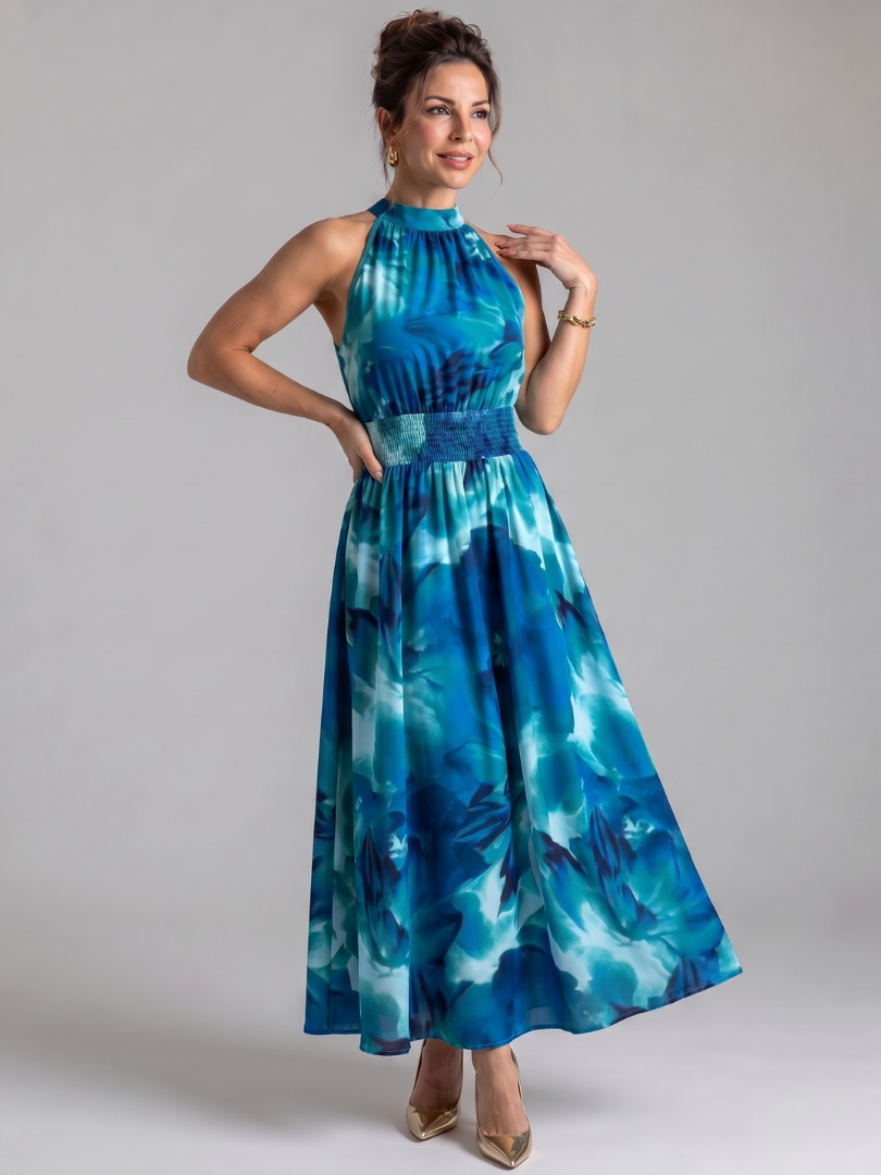 Olivia | Gathered Waist Printed Midi Dress