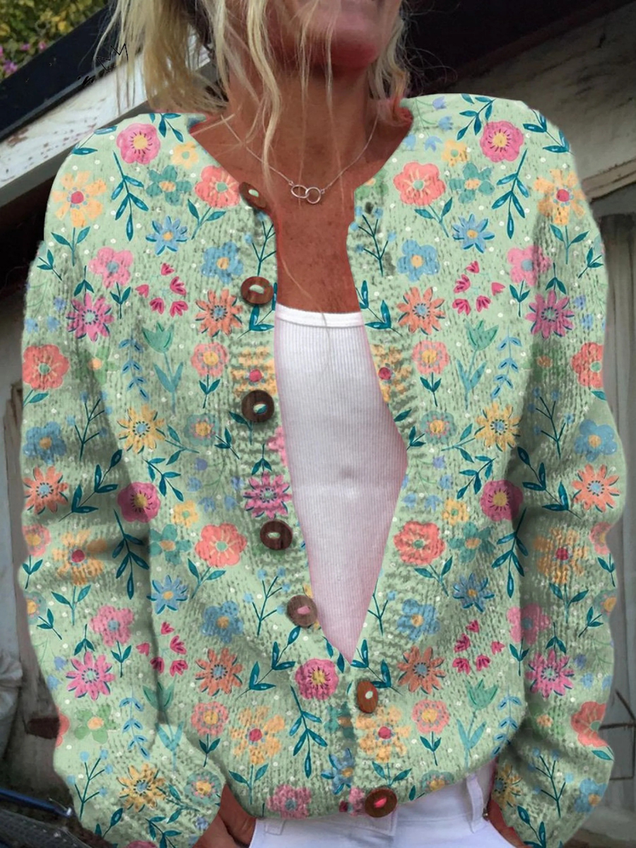 Summer Field Floral Pattern Print | Buttoned Cardigan Sweater