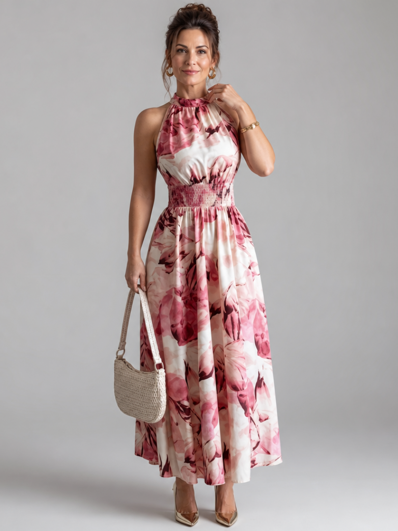 Olivia | Gathered Waist Printed Midi Dress