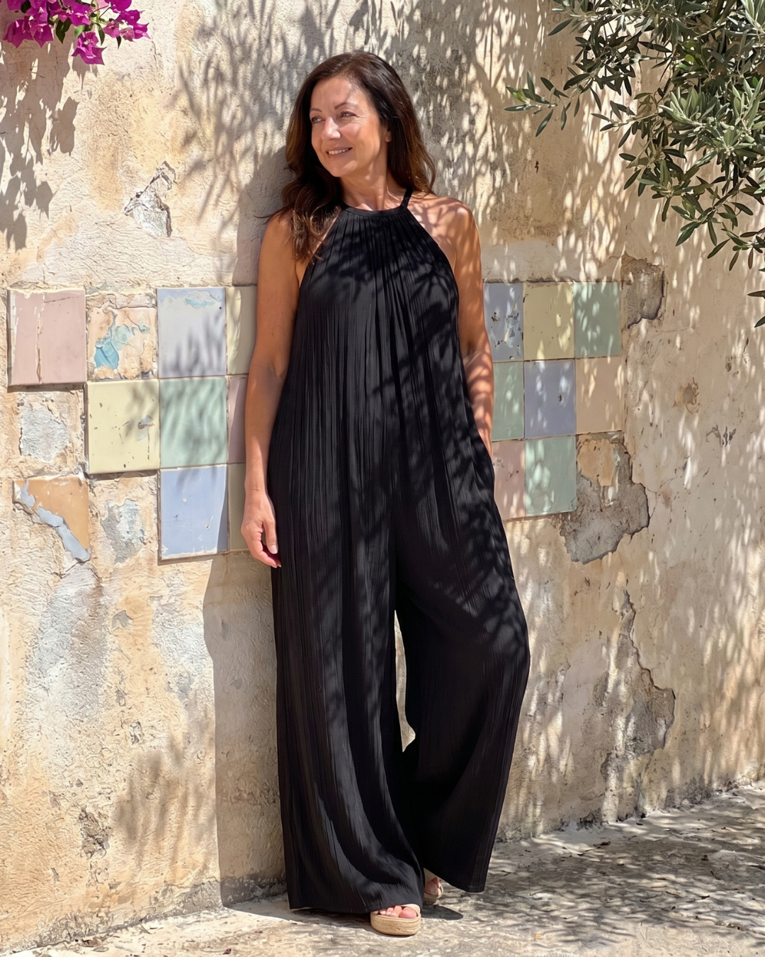 Sylvara | Pleated Halter Neck Wide Leg Relaxed Jumpsuit