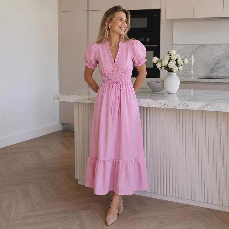 Okea | Short Puff Sleeve Waist Tie Midi Dress