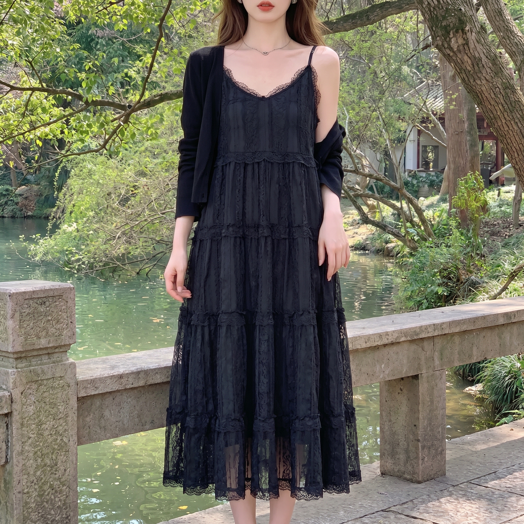 Lorelei | Spaghetti Strap Tiered Lace Layers Midi Dress