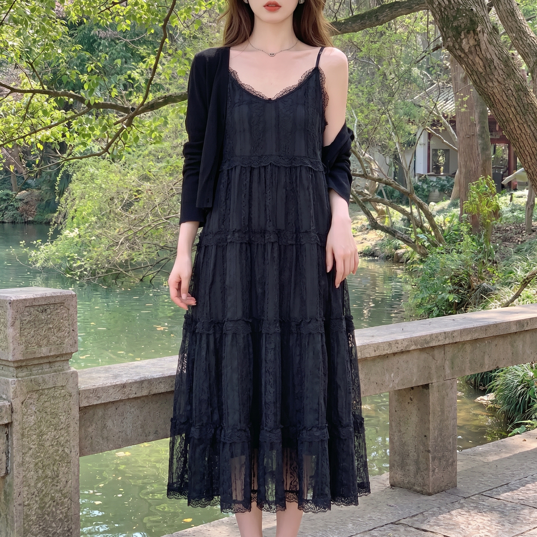 Lorelei | Spaghetti Strap Tiered Lace Layers Midi Dress
